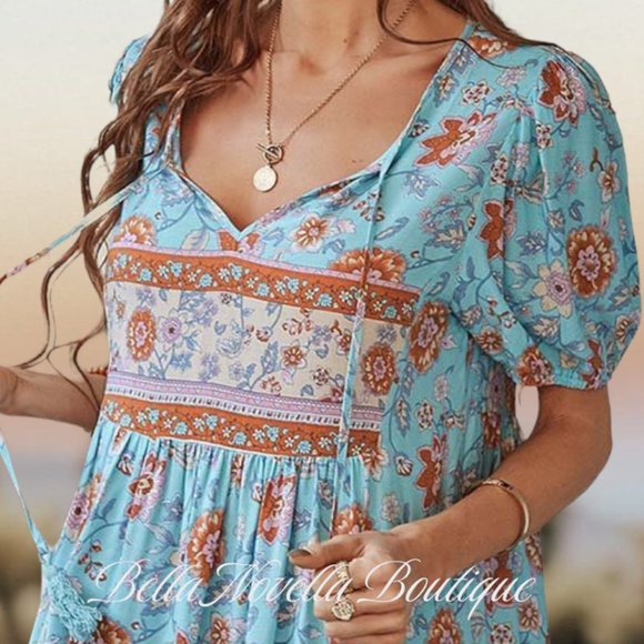 🔴 Boho Blue Floral Puff Sleeve Smock Dress - Picture 6 of 8